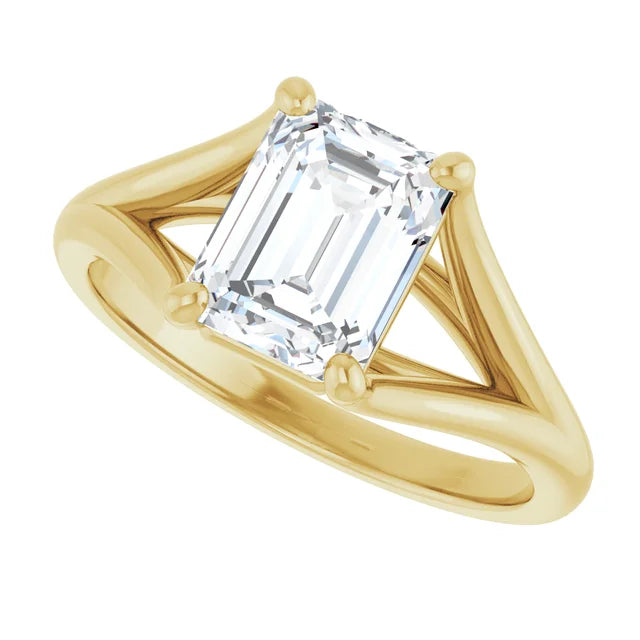 split Shank 2 CT emerald diamond engagement ring for women on yellow gold showing shank and center stone