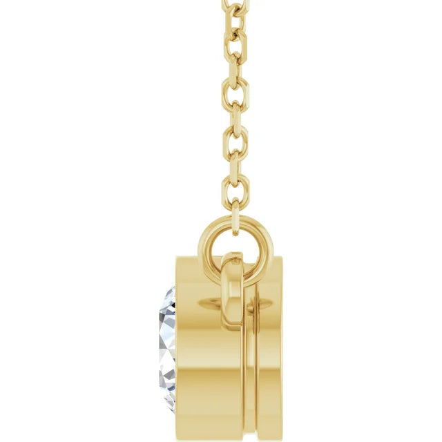 1/2 CT Lab-Grown Diamond Bezel Set Solitaire Necklace on yellow gold showing bezel from the side