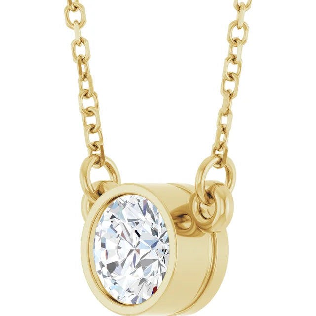 1/2 CT Lab-Grown Diamond Bezel Set Solitaire Necklace on yellow gold showing necklace and center stone
