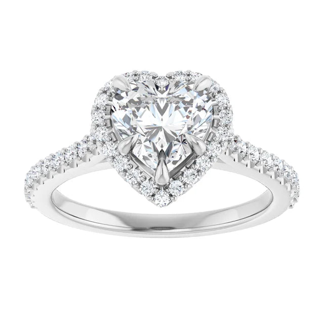 1 1/3 CTW Halo Style Accented Shank Heart Shape Lab Grown Diamond Engagement Ring on white Gold