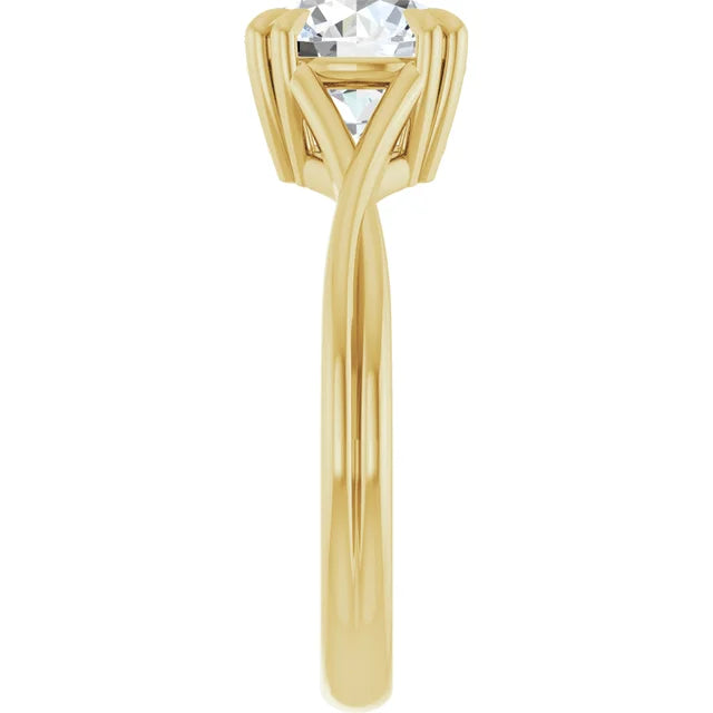 2 CT Double Claw Twisted Shank Round Solitaire Diamond Engagement Ring in yellow gold showing under gallery from the side