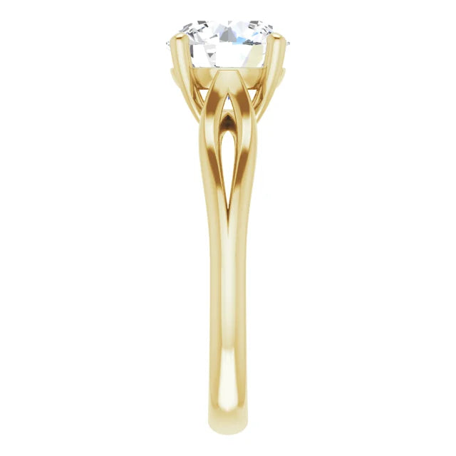 2 CT Split Shank round Lab Grown diamond engagement ring on yellow gold showing split shank