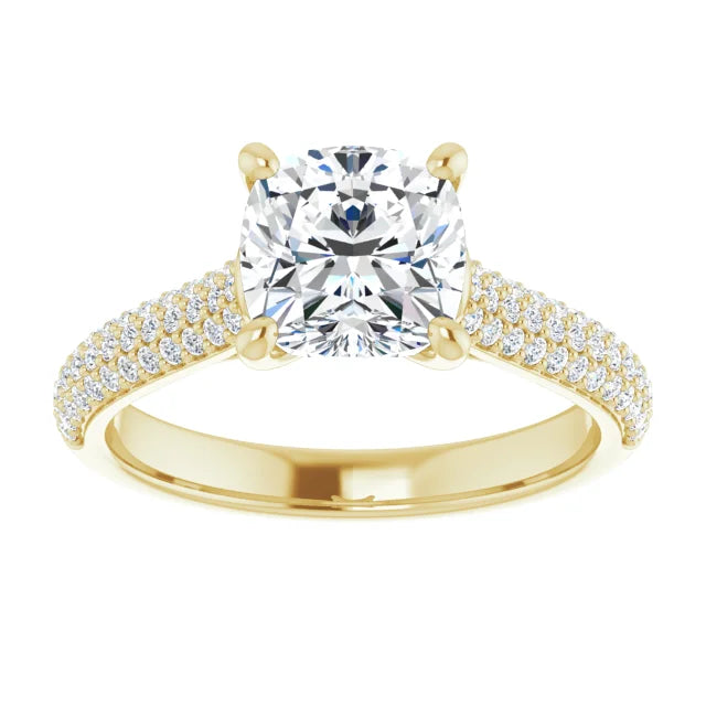 2 1/3 CTW French pave Cushion Cut accented shank lab grown Diamond Engagement Ring For Women in Yellow Gold