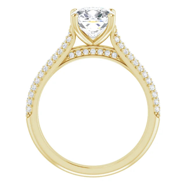 2 1/3 CTW French pave Cushion Cut accented shank lab grown Diamond Engagement Ring For Women yellow gold showing under gallery