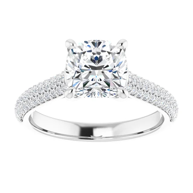 2 1/3 CTW French pave Cushion Cut accented shank lab grown Diamond Engagement Ring For Women