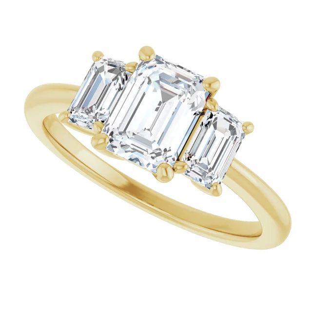 three Stone Emerald diamond engagement Ring for women yellow gold sideway picture showing three stones