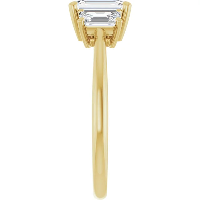 three Stone Emerald diamond engagement Ring for women yellow gold showing shank