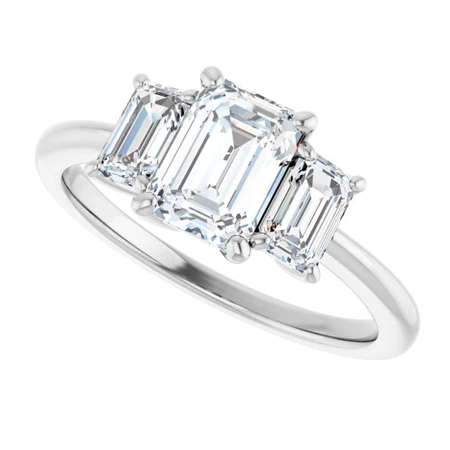 three Stone Emerald diamond engagement Ring for women white gold showing all three stones