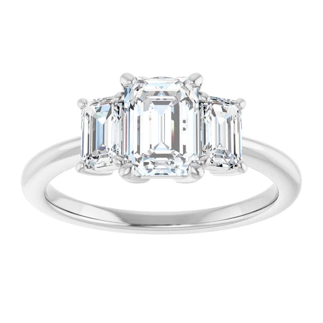 three Stone Emerald diamond engagement Ring for women white gold