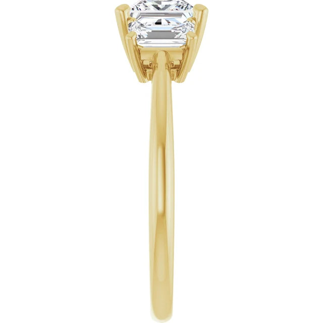 3 Stones princess and Emerald diamond engagement Ring for women yellow gold showing shank