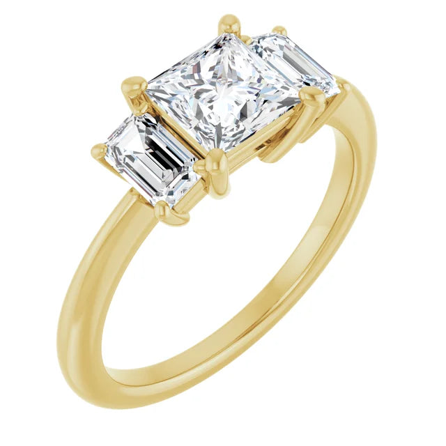 3 Stones princess and Emerald diamond engagement Ring for women yellow gold sideway picture