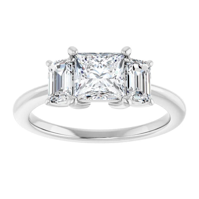 3 Stones princess and Emerald diamond engagement Ring for women white gold
