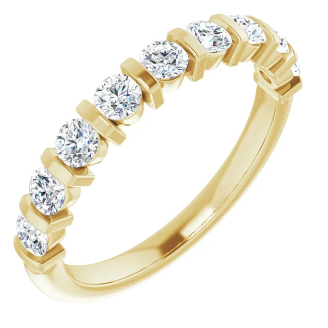 3/4 CTW diamond wedding Band yellow gold sideway picture showing stones