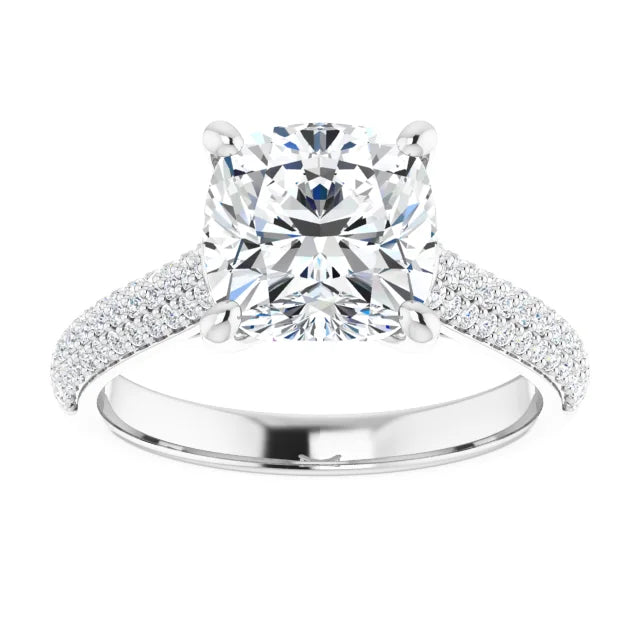 3 1/3 CTW French pave Cushion Cut accented shank lab grown Diamond Engagement Ring For Women