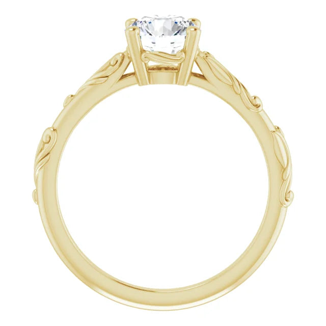 1 CT Lab Grown Diamond Round Solitaire Scroll Engagement Ring for women on yellow gold showing under gallery
