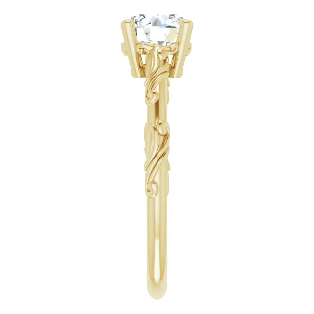 1 CT Lab Grown Diamond Round Solitaire Scroll Engagement Ring for women yellow gold showing shank details