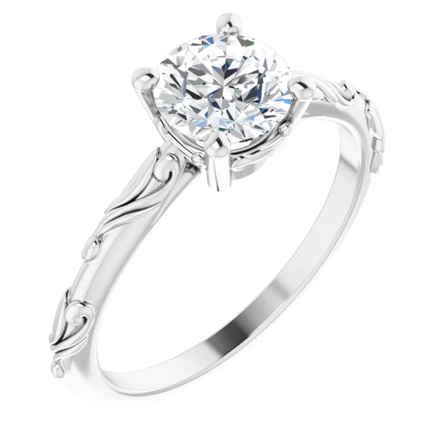 1 CT Lab Grown Diamond Round Solitaire Scroll Engagement Ring for women on white gold sideway picture