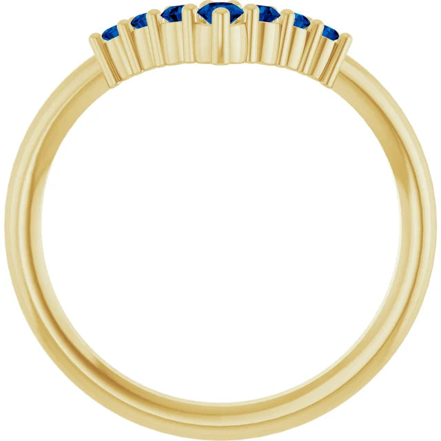 7-Stone Natural Blue Sapphire Graduated V Ring on yellow gold showing under gallery