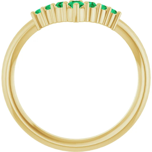 7-Stone Natural Emerald Graduated V Ring on Yellow gold standing Picture showing under gallery