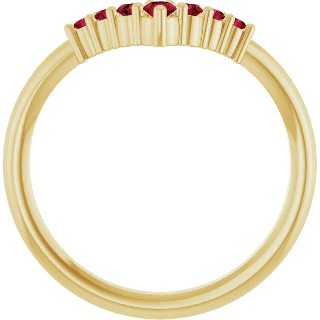 7-Stone Natural Ruby Graduated V Ring on yellow gold showing under gallery