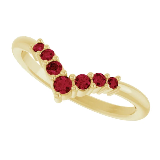 7-Stone Natural Ruby Graduated V Ring sideway picture showing Rubies