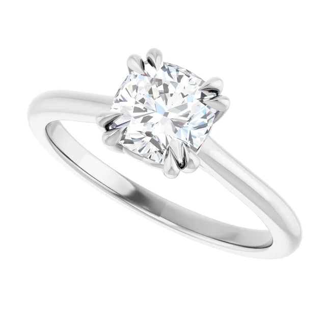 1 CT 8 Prong Cushion Cut Diamond Engagement Ring for women on white gold sideway picture showing prongs and center stone