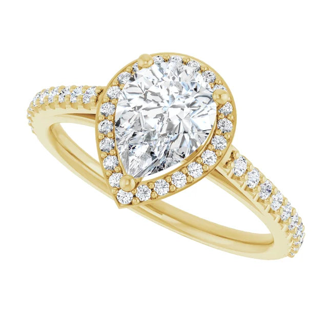 1 CT Halo Style Pear Shape Diamond Engagement Ring for women sideway picture showing accented shank, halo style and center stone
