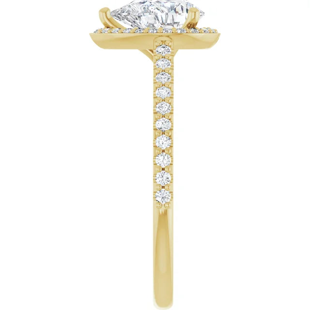 1 CT Halo Style Pear Shape Diamond Engagement Ring for women yellow gold showing diamond on shank