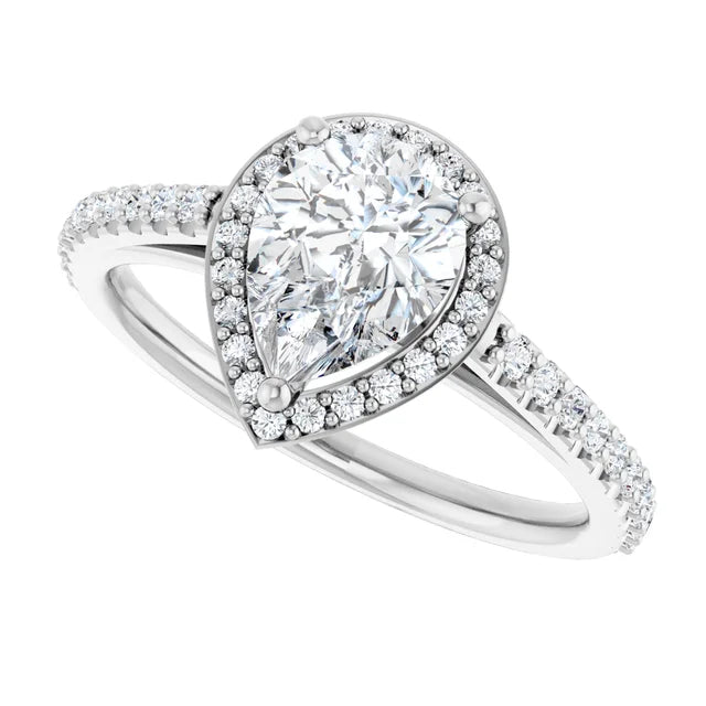 1 CT Halo Style Pear Shape Diamond Engagement Ring for women white gold sideway picture showing halo style and center stone