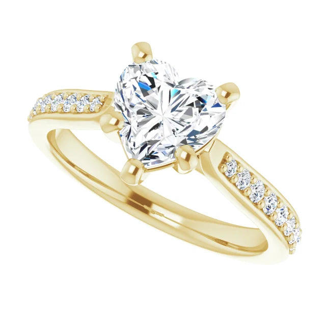 1 CT Accented Shank Heart Diamond Engagement Ring for Women yellow gold sideway picture showing diamond on shank and center stone