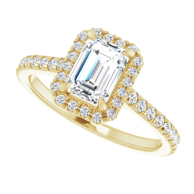 Emerald Cut Diamond Engagement Ring on yellow gold sideway picture showing center stone and shank