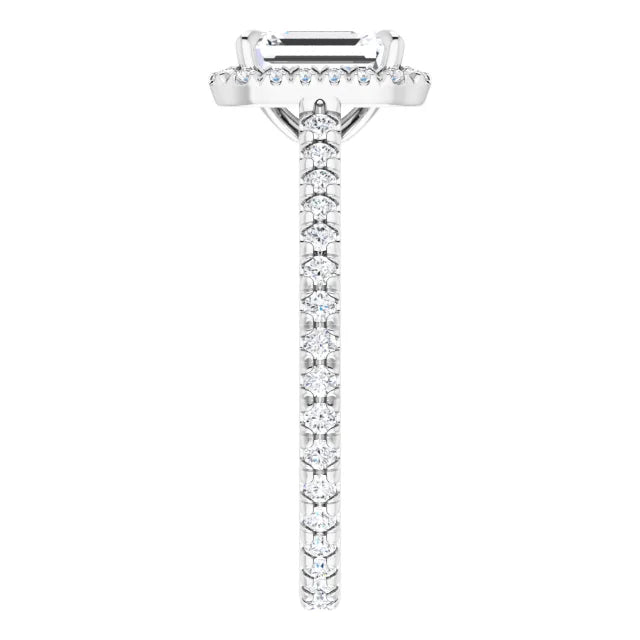 Emerald Cut Diamond Engagement Ring on white gold showing showing diamond on shank