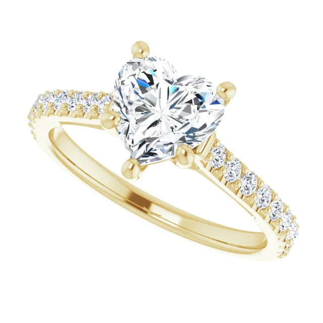 1 CT Accented Shank Heart Diamond Engagement Ring for Women yellow gold sideway picture showing center stone and diamond on the shank