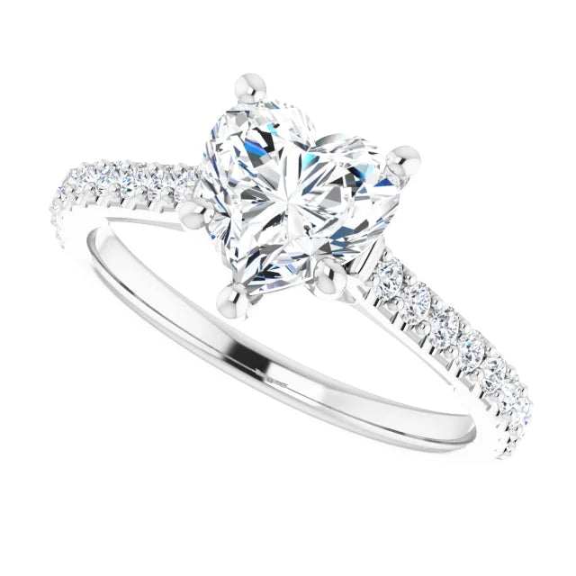 1 CT Accented Shank Heart Diamond Engagement Ring for Women white gold sideway picture showing center stone and diamond on shank