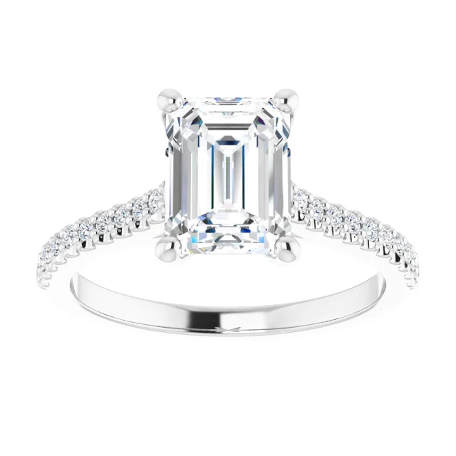 2 CT Assented Shank Emerald Cut Diamond Engagement Ring on White gold showing Center stone