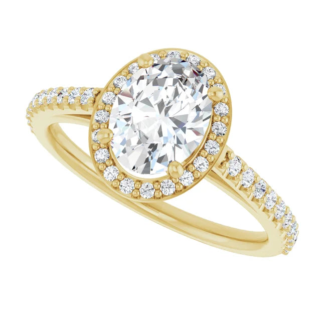 Halo Style Oval Shape solitaire Diamond Engagement Ring on Yellow Gold sideway Picture showing center stone