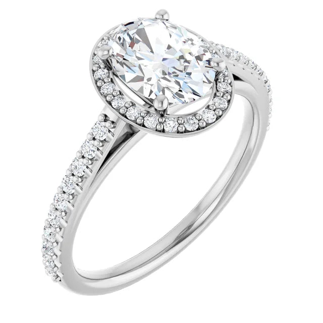 Halo Style Oval Shape solitaire Diamond Engagement Ring on white gold sideway picture showing center stone