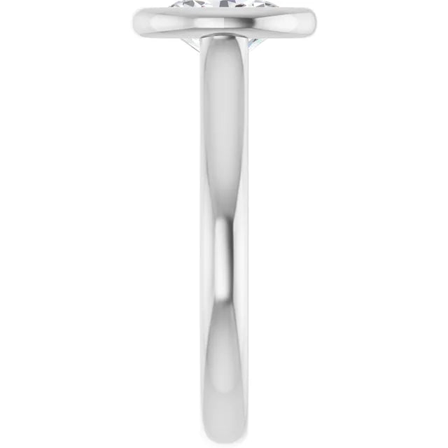 Bezel Set Oval Diamond engagement Ring on white gold showing under gallery and shank