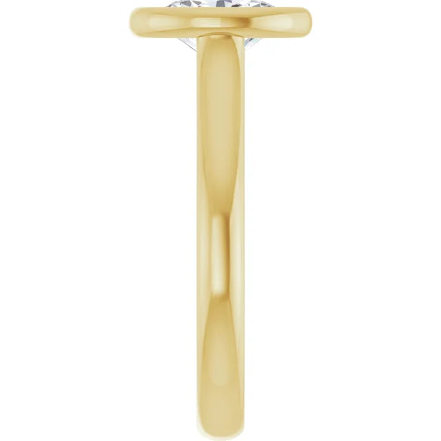 Bezel Set Oval Diamond engagement Ring on yellow gold showing shank