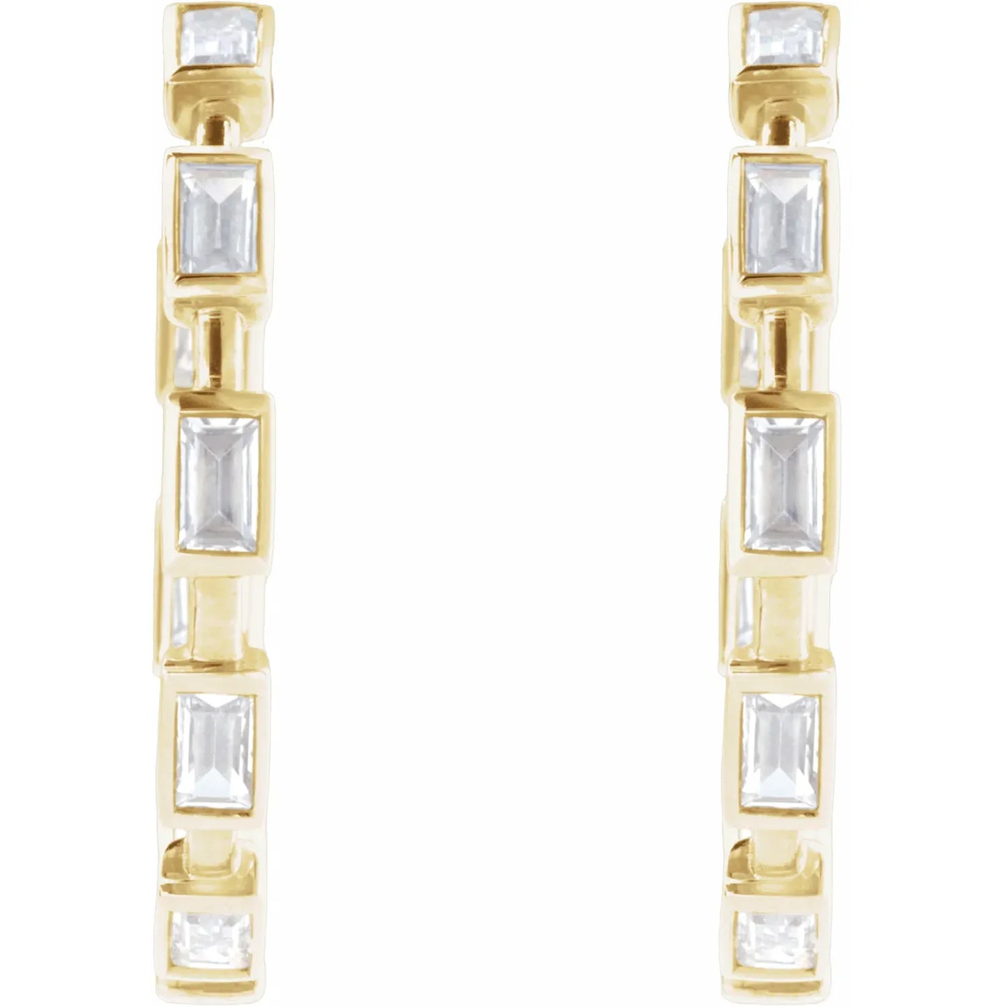1 1/4 CTW Straight Baguette Lab Grown Diamond Hoop Earrings yellow gold showing stones