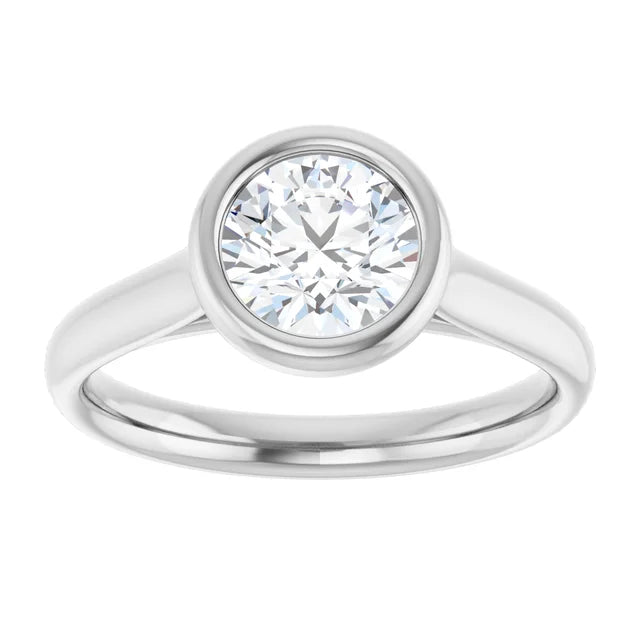 1 CTW Bezel Set Lab Grown Solitaire Diamond Engagement Ring 14K White Gold Showing Center Stone