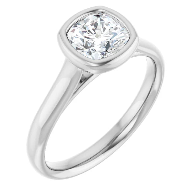 1 CT Bezel set Cushion Cut Diamond Solitaire Engagement Ring for women on white gold sideway picture showing center Stone
