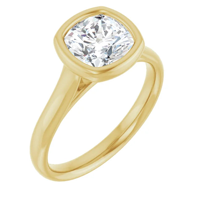 2 CT Bezel set Cushion Cut Diamond Solitaire Engagement Ring for women yellow gold sideway picture showing center stone