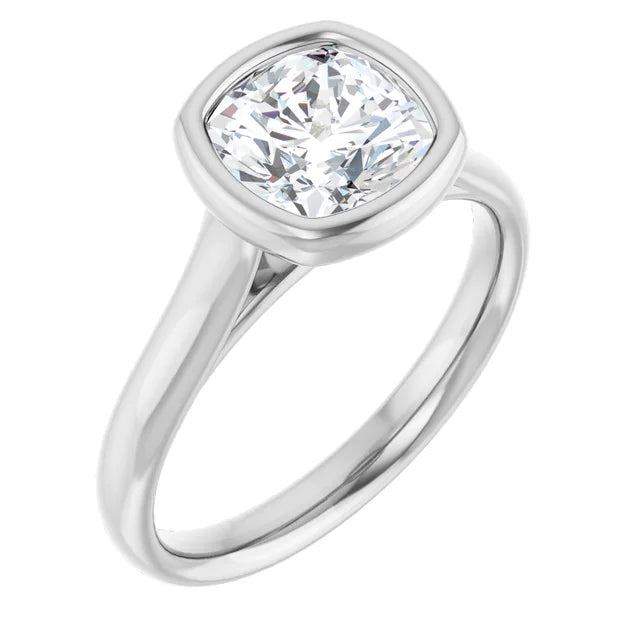 2 CT Bezel set Cushion Cut Diamond Solitaire Engagement Ring for women on white gold side picture showing center stone