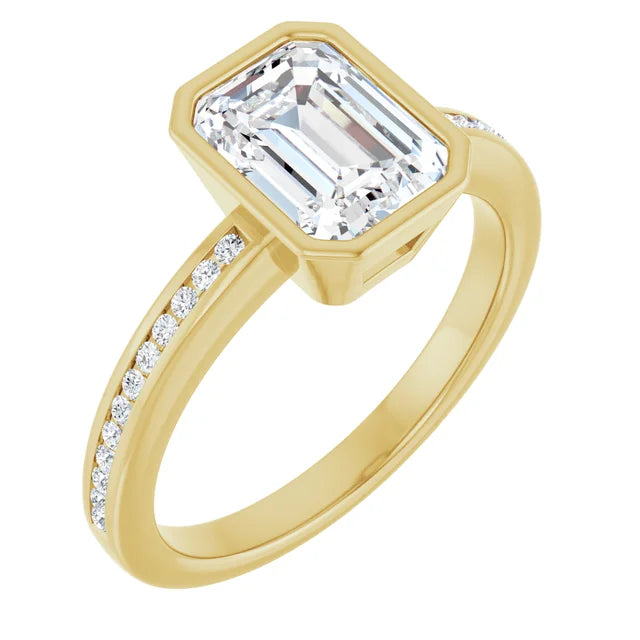 2 CT Bezel Set Emerald Cut Diamond Engagement Ring for Women on yellow gold sideway picture showing diamond on shank and center stone