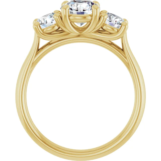 Three Stone Round Diamond engagement Ring on yellow gold showing under gallery