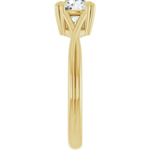 1 CT Double Claw Twisted Shank Round Solitaire Diamond Engagement Ring in yellow gold showing under gallery from the side