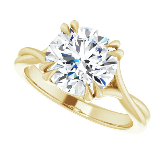 3 CT Double Claw Twisted Shank Round Solitaire Diamond Engagement Ring in Yellow Gold