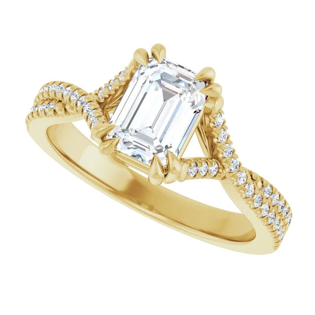 1 CT Assented Shank Emerald solitaire Diamond Engagement Ring for women on yellow gold sideway picture showing shanks, prongs and center stone