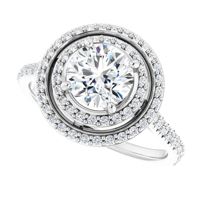 Accented shank Double Halo Lab Grown Diamond Engagement Ring on White Gold Showing Diamond